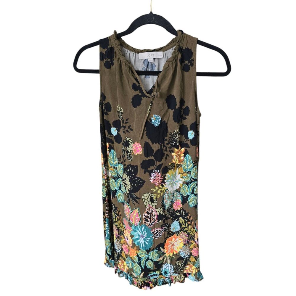 LOFT Floral Border Print Sleeveless Tunic Shift Dress Petite Small Green Boho